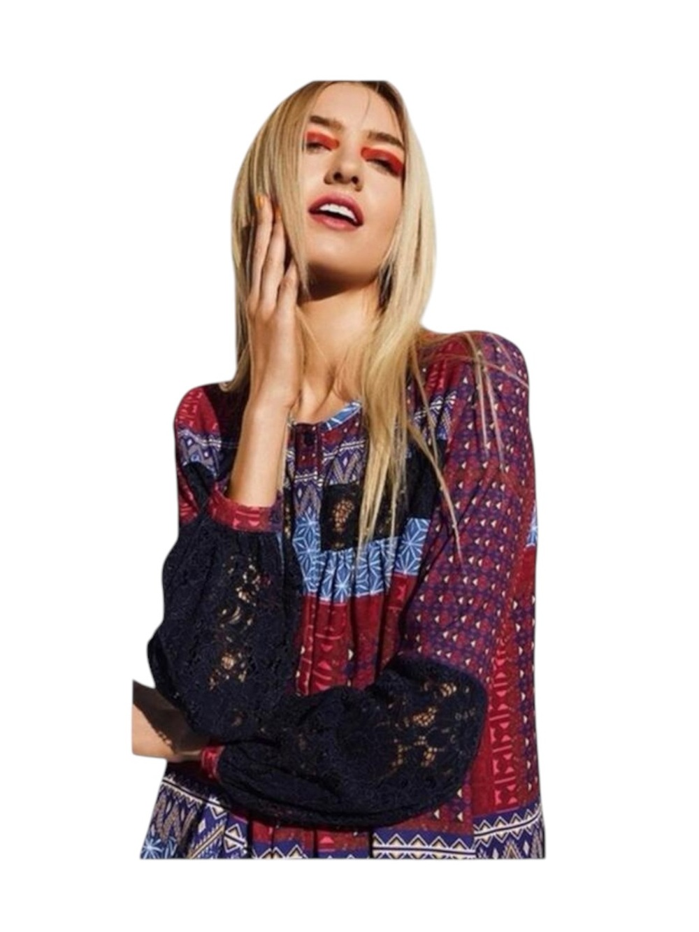 Desigual 𑁍 Mona Fucsias Boho Lace Sleeve Printed Button Down Shirt 𑁍 Blue Pink - Picture 5 of 16